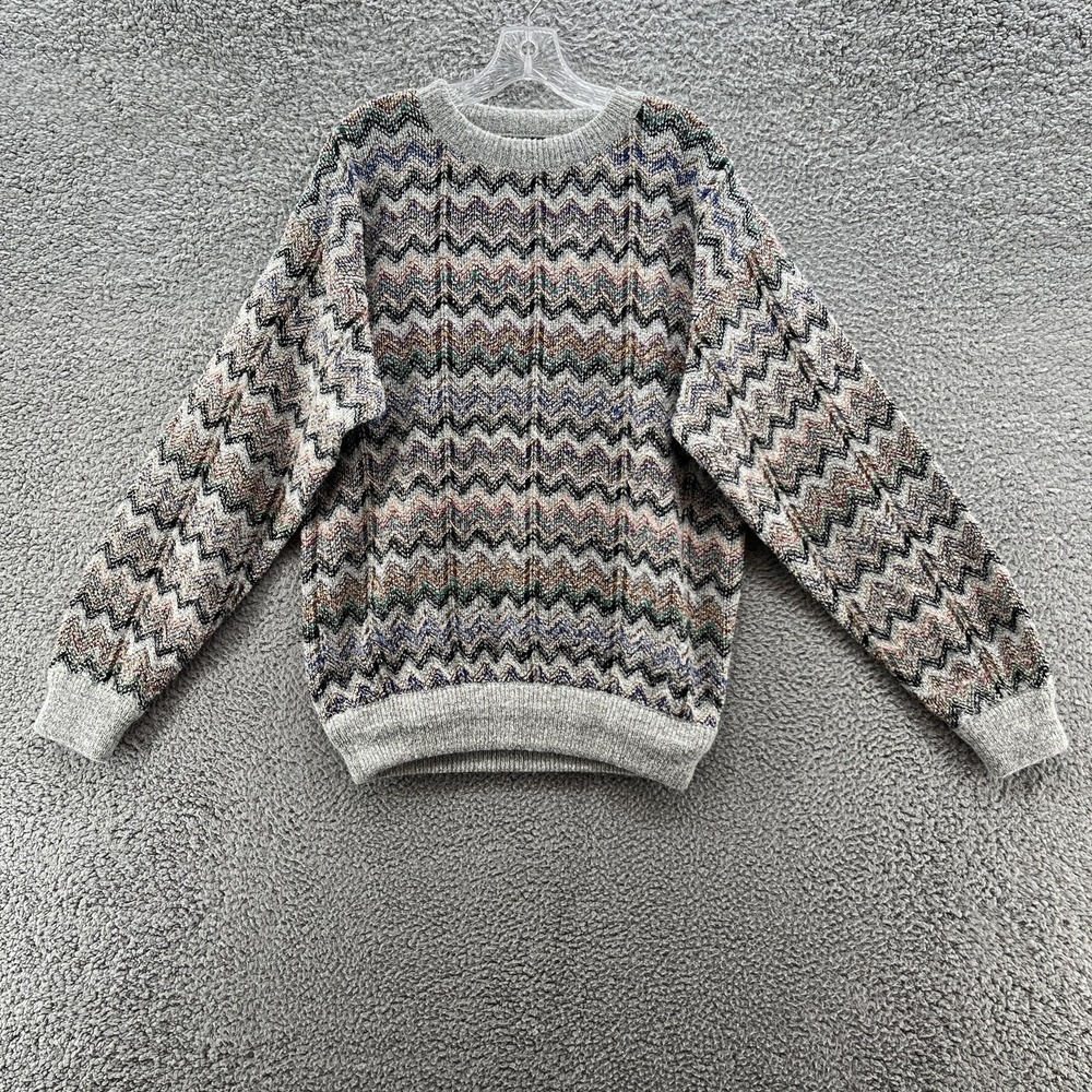 VTG 80s LeRoy Knit Sweater Men Medium Tall Colorful Zig Zag Cosby Retro Pullover